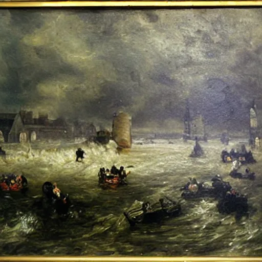 Prompt: London flooded underwater, traditional oil painting, detailed, painted by Constable