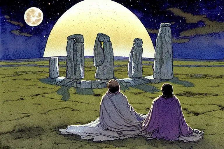 Image similar to a realistic and atmospheric watercolour fantasy concept art of a metallic ufo landing in a large stonehenge. medieval monk in grey robes on his knees praying. a crescent moon in the sky. muted colors. by rebecca guay, michael kaluta, charles vess and jean moebius giraud