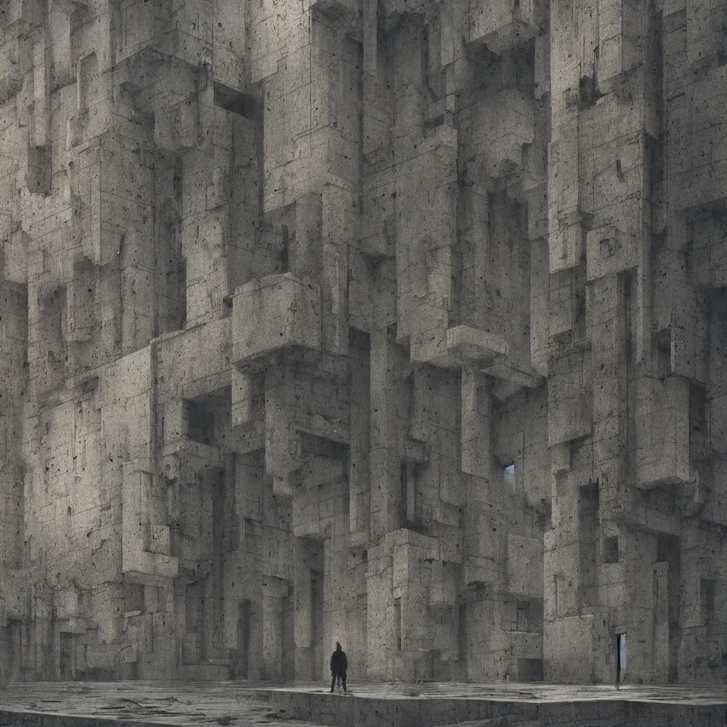 Prompt: a man lost in the middle of concrete detailed brutalist massive symmetriical russian architecture, detailed, soft lights, by moebius and zdzislaw beksinski