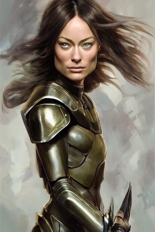 Image similar to a professional painting of a young Olivia Wilde, clothes in military armor, olive skin, long dark hair, beautiful bone structure, symmetrical facial features, intricate, elegant, digital painting, concept art, smooth, sharp focus, illustration, from StarCraft by Ruan Jia and Mandy Jurgens and Artgerm and William-Adolphe Bouguerea