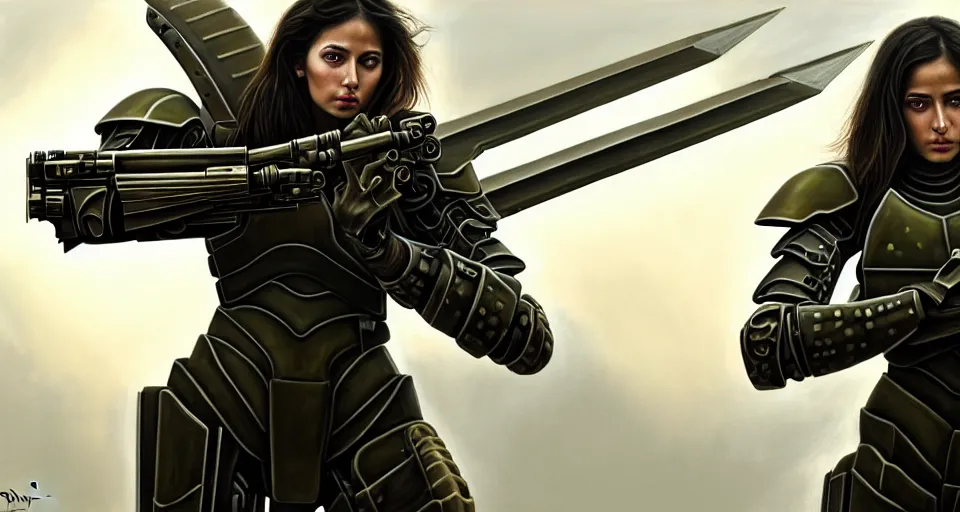 Image similar to a photorealistic painting of an attractive young warrior girl, clothed in stealth-battle armor with a giant sci-fi sniper rifle in her hands, olive skin, long dark hair, beautiful bone structure, symmetrical face, perfect eyes, a futuristic hover-tank with heavy laser-turret in the background, intricate details, elegant, digital painting, illustration, sharp focus, minimal artifacts, from Metal Gear, in the style of Ruan Jia and Mandy Jurgens and Greg Rutkowski, trending on Artstation, award winning, unreal engine, octane render