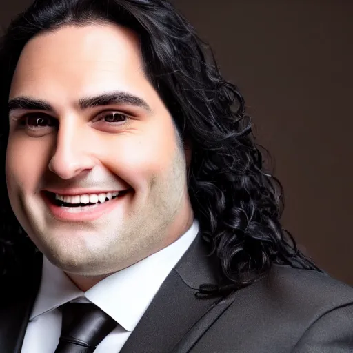 Prompt: Close up portrait of a clean-shaven chubby man with long black hair wearing a brown suit and necktie with a television in the background. Photorealistic. Award winning. Dramatic lighting. Intricate details. UHD 8K. He looks very happy with big smile.