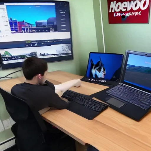 Prompt: a very big husky dog using his old lenovo desktop to search the internet for how to use Discord, there is a McDonalds across the street from the dog's house