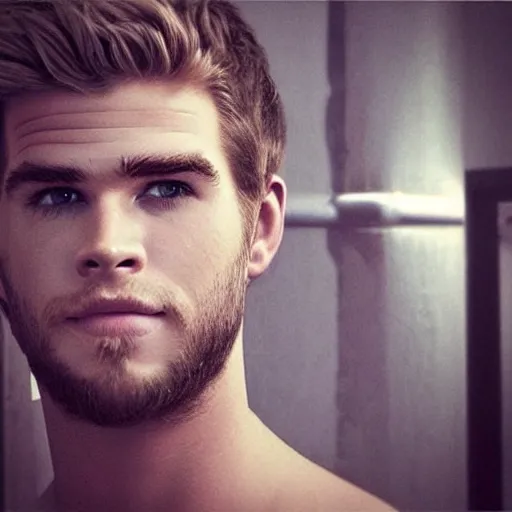 Image similar to “a realistic detailed photo of a guy who is an attractive humanoid who is half robot and half humanoid, who is a male android, Liam Hemsworth, shiny skin, posing like a statue, blank stare”