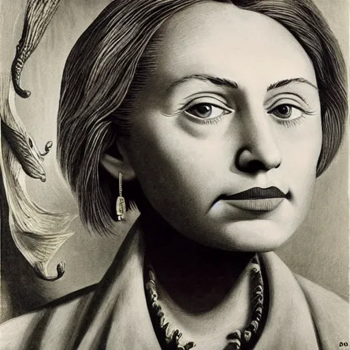 Prompt: very very beautiful surreal detailed portrait of young hillary clinton, painted by max ernst