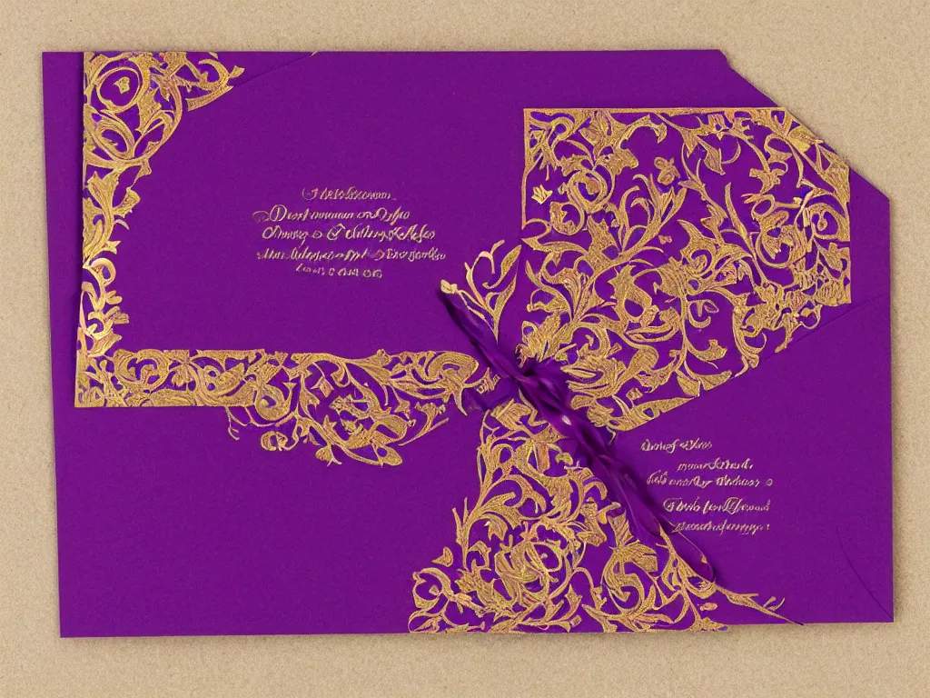 Image similar to Rich purple paper with delicate gold embossed borders, a card that is an invitation to a masquerade ball, intricate, beautiful, opulent