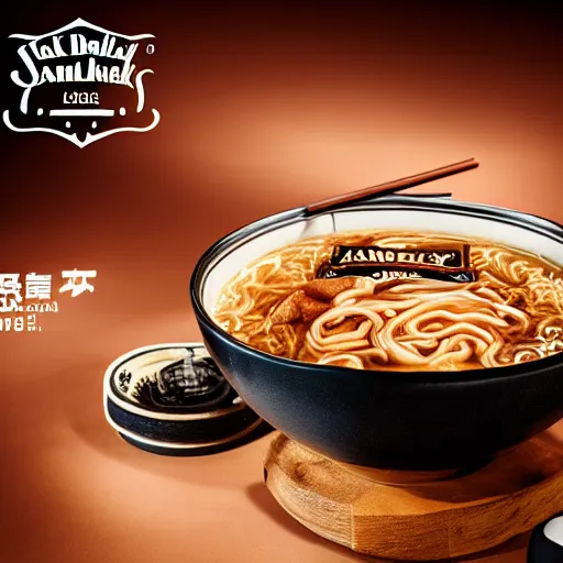 Prompt: jack daniel's branded ramen made with dark whiskey. photography. food photoshoot. advertisment photography. 4 k. realistic.