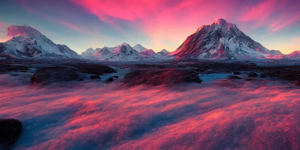 Prompt: an icy, artic, ethereal, morning pink sun glow, mountains, beautiful landscape photogrpahy by marc adamus