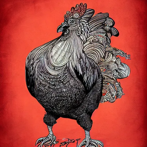 Prompt: dark royal military portrait of a majestic fat!!! black rooster, the king of rooster, divine tarot card background, ultra-detailed pen and ink illustration, impossible fine lines and details, vibrant red colour, matte painting, concept art, 8k, octane render, trending on artstation, by John Kenn Mortensen