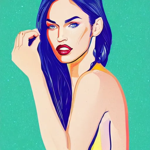 Prompt: megan fox colorful portrait, artwork by arunas kacinskas, graphic design, flat color and line, sketch, minimalistic, procreate, digital illustration, vector illustration, doodle, graphic, sketchbook, inky illustration, pastel