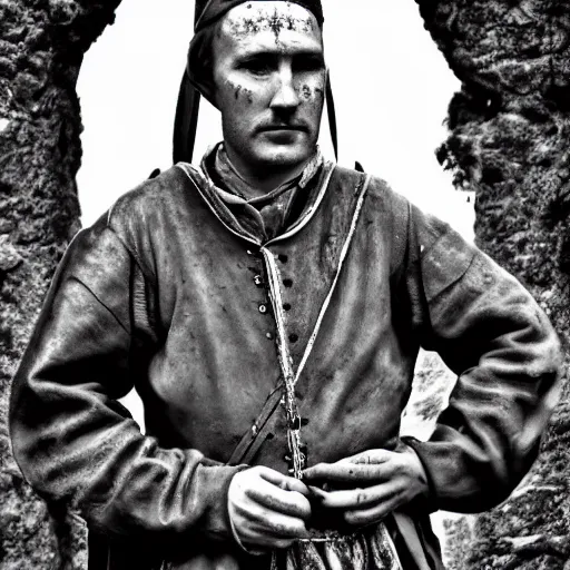 Image similar to Medieval squire with medieval clothes. Standing in the mud. Face closeup. Black & White photo.