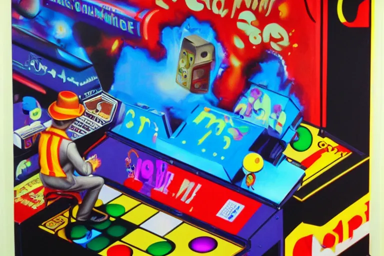 Image similar to charles cottet's 1 9 8 3 airbrush painting of inspector gadget playing ms pac man in an arcade