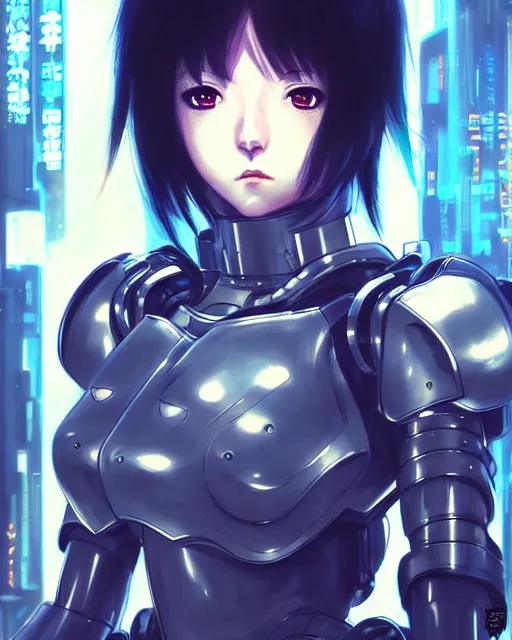 Image similar to portrait Anime Girl in mecha armor in night tokyo Sharp fine face pretty face, realistic shaded Perfect face, fine details. Anime. cyberpunk realistic shaded lighting by katsuhiro otomo ghost-in-the-shell, magali villeneuve, artgerm, rutkowski Jeremy Lipkin and Giuseppe Dangelico Pino and Michael Garmash and Rob Rey