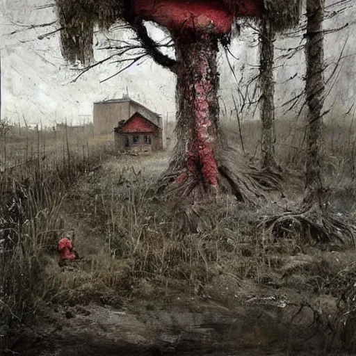 Image similar to painting by jakub rozalski of an abandoned post soviet town infested with root monsters