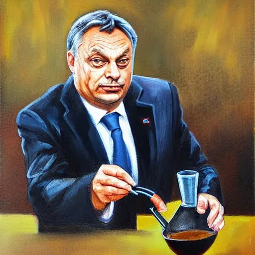 Prompt: viktor orban making drip coffee, oil painting