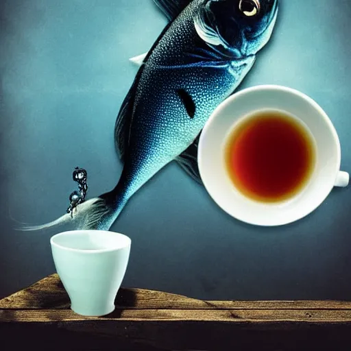 Image similar to photomanipulation of a supernatural fish drinking a cup of tea by a straw.