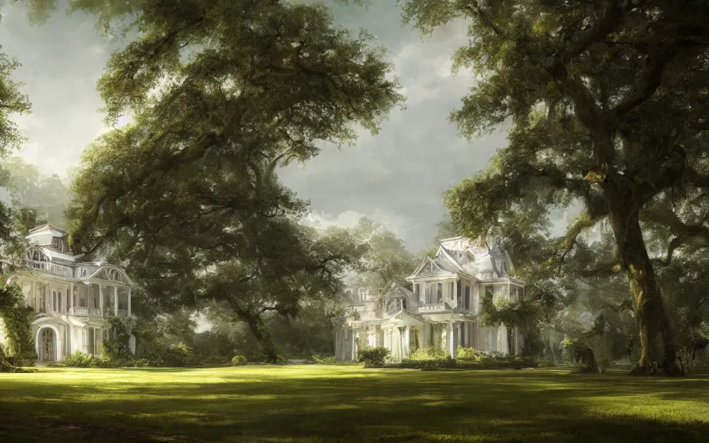 Prompt: a white manor house on a lush southern plantation with a tree-lined driveway, romanticism, hyperdetailed, artstation, cgsociety, 8k, masterpiece, sharp