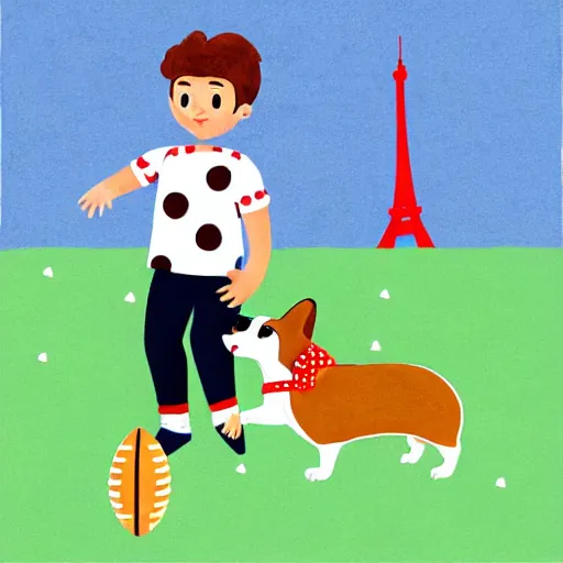 Image similar to illustration of french boy in paris playing football against a corgi, the dog is wearing a polka dot scarf