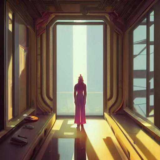 Image similar to scifi indoor liminal space, golden light, greg rutkowski, palm trees, pink door, minimalistic, hyperrealistic surrealism, award winning masterpiece with incredible details, epic stunning, infinity pool mirrors, a surreal vaporwave liminal space with mirrors, highly detailed, trending on artstation, artgerm and greg rutkowski and alphonse mucha, daily deviation