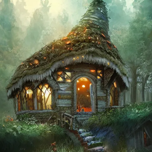 Prompt: a storybook illustration of a ramshackle multistory fairytale hut in the forest, intricate, elegant, fantasy, highly detailed, digital painting, concept art, sharp focus, trending on artstation