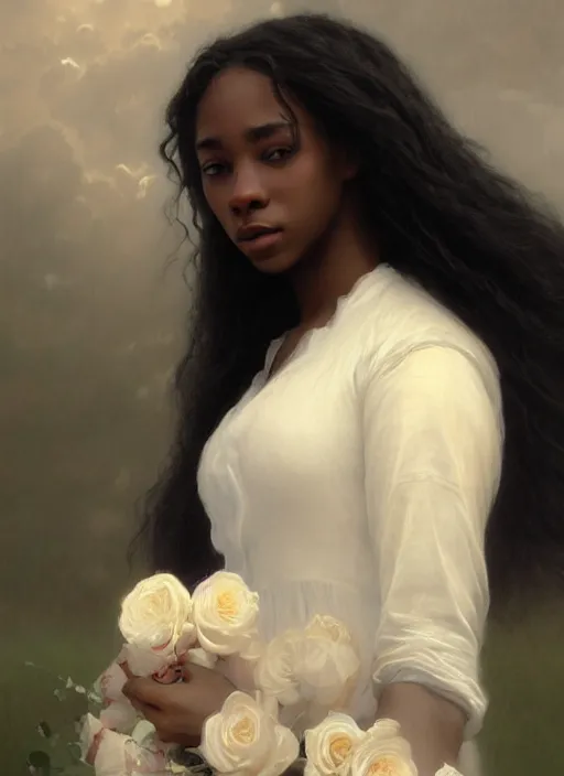 Image similar to oil painting close up portrait of a contemplative young black woman with long dark flowing hair in a white dress, surrounded by white roses!! at sunset, hazy, digital art, chiaroscuro, artstation, cinematic, golden hour, digital art painting by greg rutkowski, william - adolphe bouguereau, hazy atmosphere, cinematic lighting