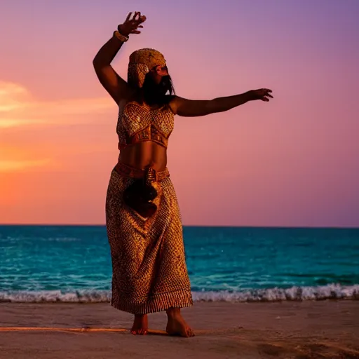 Prompt: 3 5 year old mediterranean skinned woman in ancient canaanite clothing dancing with a tambourine by the ocean, sunset, other women dancing behind,