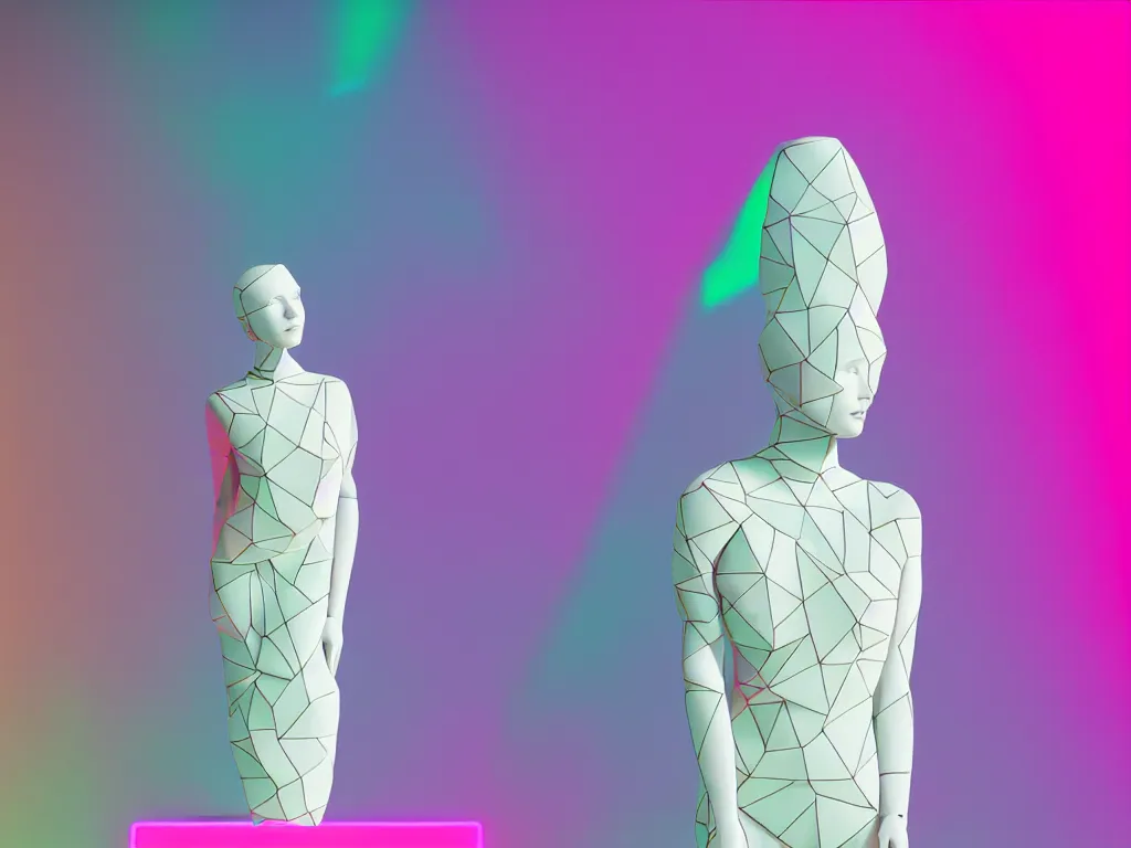 Prompt: “ a beautiful mannequin made of marble printed in 3 d geometric neon + kintsugi!!, facing a giant doorway opening with a neon pink light, flowering iridescent pineapples + orchids, transcendent, vibrant color, clean linework, finely detailed, 4 k, trending on artstation, photorealistic, volumetric lighting, octane render ”