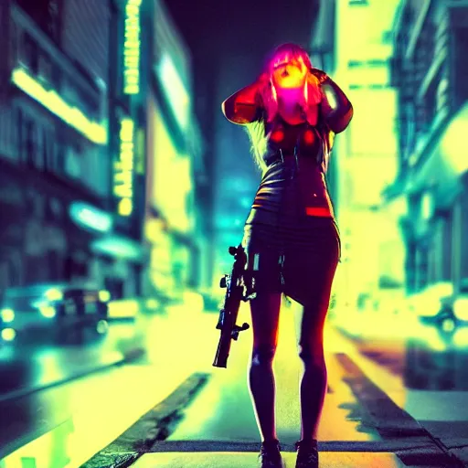 Image similar to “sensual cyberpunk girl with guns in her hands failing on the city, ultra realistic, neon lights, photo, 8k”