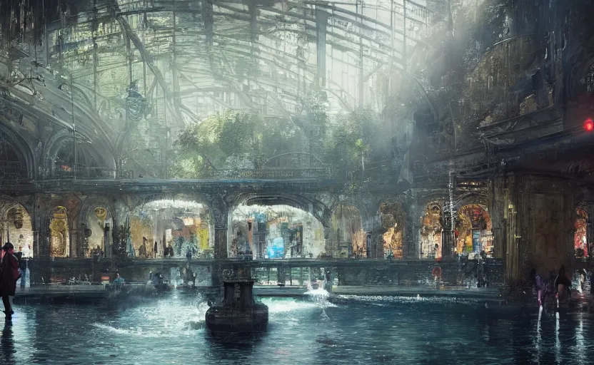 Image similar to An urban train rides inside of a waterway on a fantasy city, next to a fountain and a mystical palace, waterfall, intricate, elegant, volumetric lighting, digital painting, highly detailed, artstation, sharp focus, illustration, concept art, ruan jia, steve mccurry