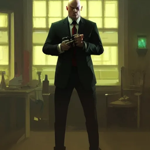 Prompt: Agent 47 in a scene from friends, artstation, concept art, smooth, sharp focus, illustration, art by and greg rutkowski and alphonse mucha