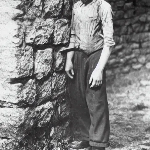Prompt: An utterly terrified young man with long hair in 1930s attire cornered with his back against a stone wall. Scared look, panic, horror
