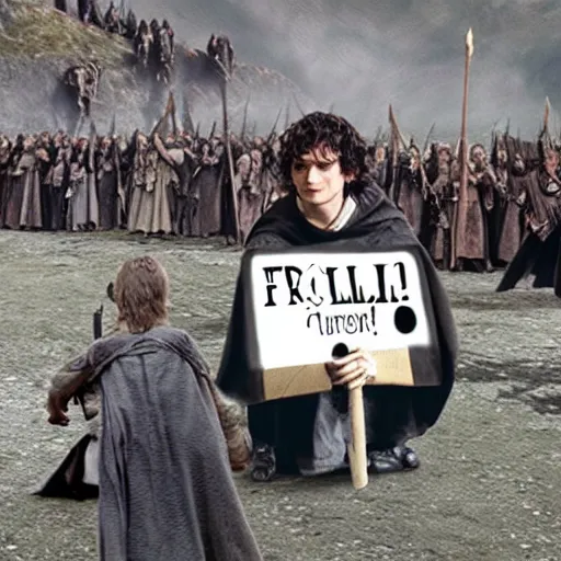 Prompt: Frodo protesting in front of Mordor