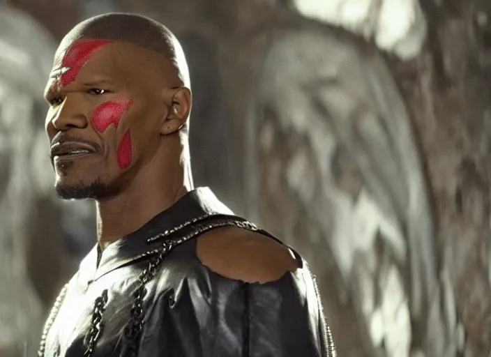 Image similar to film still of jamie foxx as spawn in the new spawn movie, giant chains, large cape, 8 k