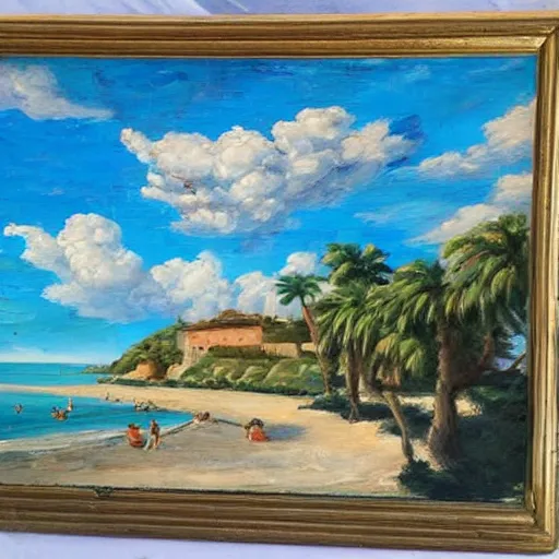 Prompt: oil paint impasto reliefs, italian beach scene with palms, super realistic, influenced by constables cloud studies, painted with expressive paint and fluffy cumulus clouds,