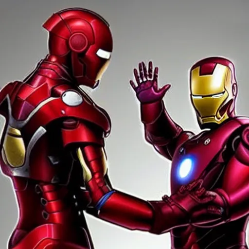 Prompt: Robert Downey Jr in an iron man suit with helmet open, shaking hands with Barney