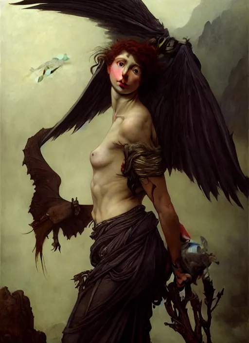 Image similar to harpy, full body, realistic, dnd character art portrait, dark fantasy art, matte fantasy painting, deviantart artstation, by edgar maxence and caravaggio and michael whelan and delacroix. intricate painting, cinematic lighting, hyper realistic, extremely detailed, vivid colors, establishing shot, dramatic lighting.