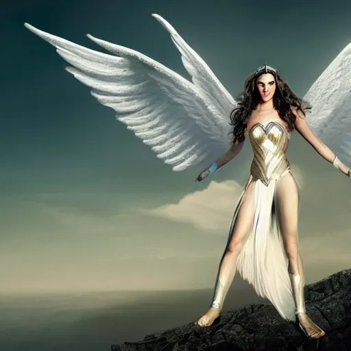 Image similar to Portrait of the beautiful woman Gal Gadot as an angel, she is coming down from the clouds, she has a crown, there is a glow coming from her, she is getting ulluminated from the sky, the photo was taking by Annie Leibovitz, matte painting, oil painting, naturalism, 4k, 8k