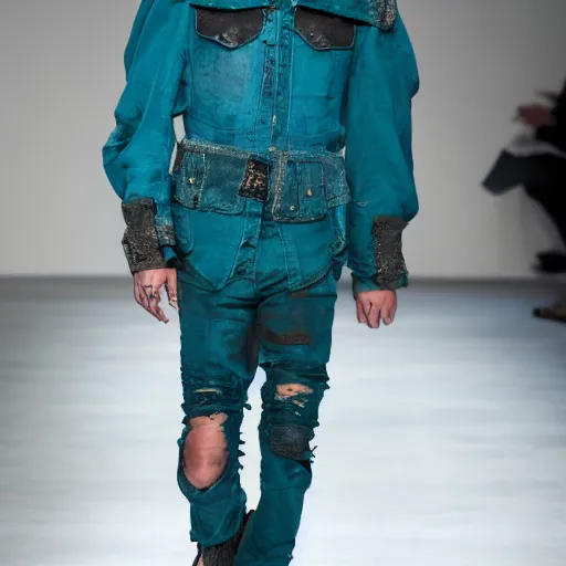 Prompt: an award - winning closeup photo of a male model wearing a baggy teal distressed medieval cloth menswear jacket by alexander mcqueen, 4 k, studio lighting, wide angle lens