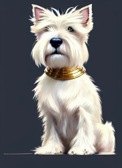 Prompt: a west highland white terrier sitting politely, anime art style, wearing futuristic, golden armor, portrait, high detail, sharp focus, digital painting, artstation, concept art, art by hayao miyazaki and artgerm and greg rutkowski and alphonse mucha.