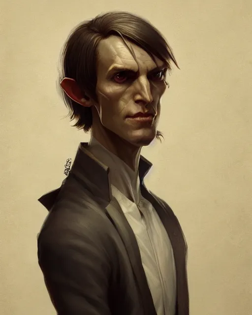 Image similar to character portrait of a slender half - elven man, by greg rutkowski, mark brookes, jim burns, tom bagshaw, trending on artstation