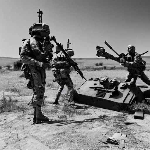 Prompt: soldiers discovering alien war machines on a battlefield in 1 9 7 0, black and white, hyper realistic, 4 k, highly ornate intricate details, sharp image, incredible detail,