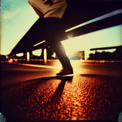 Image similar to Aged polaroid photo of someone skateboarding down a road, sunset lighting, heavy color bleed, film grain