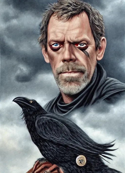 Image similar to hugh laurie as odin with only one eye, wearing a leather eye-patch!, a raven on his shoulder, dark background, stormy clouds, hyperrealistic, very detailed painting by Glenn Fabry, by Joao Ruas, by Artgerm