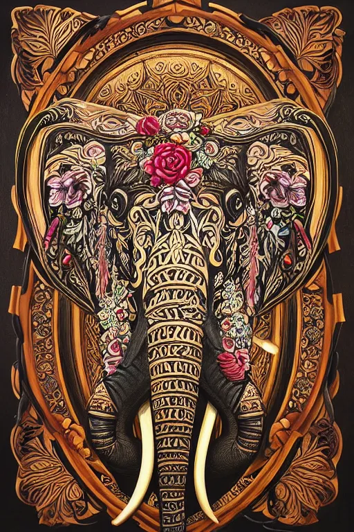 Image similar to Painted dark-wood panel relief carving of a close up of a Flowerpunk Matriarch Elephant, ornate border frame, explosion of colorful flowers, dark wood, intricately carved, black ink, festival of rich colors, intricate details, cinematic lighting, volumetric lighting, post-processing, art nouveau, tarot, fractal art, mandala, by andreas rocha and john howe, and Martin Johnson Heade, featured on artstation, featured on behance, golden ratio, hyper detailed, photorealistic, epic composition, center spotlight, f32, well composed, symmetrical, UE5, 8k