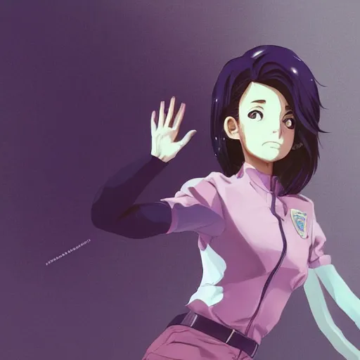 Image similar to girl, police suit, artwork made by makoto shinkai, inspired in balthus and hirohiko araki, clean details, light color palette, candy, anatomically proportional, hd