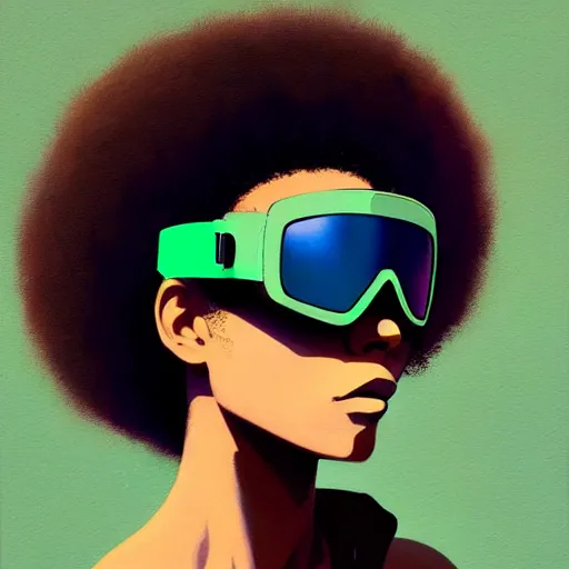 Image similar to Beautiful woman wearing opaque reflective goggles profile picture by Greg Rutkowski, brown skin, long afro hair, asymmetrical, futuristic, cool colors, streetwear, studio ghibli, Organic Painting , Matte Painting, geometric shapes, hard edges, street art, trending on the artstation, fantasy LUT, realistic by Sachin Teng + Martin Grip + Moebius, techwear, Industrial Scifi, detailed illustration, character portrait,