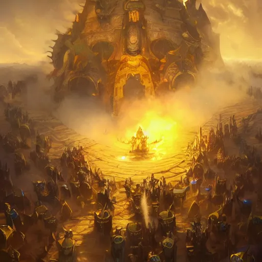 Image similar to a golden battle chariots, yellow magic theme, bright art masterpiece artstation. 8 k, sharp high quality artwork in style of jose daniel cabrera pena and greg rutkowski, concept art by tooth wu, blizzard warcraft artwork, hearthstone card game artwork, cart wheels