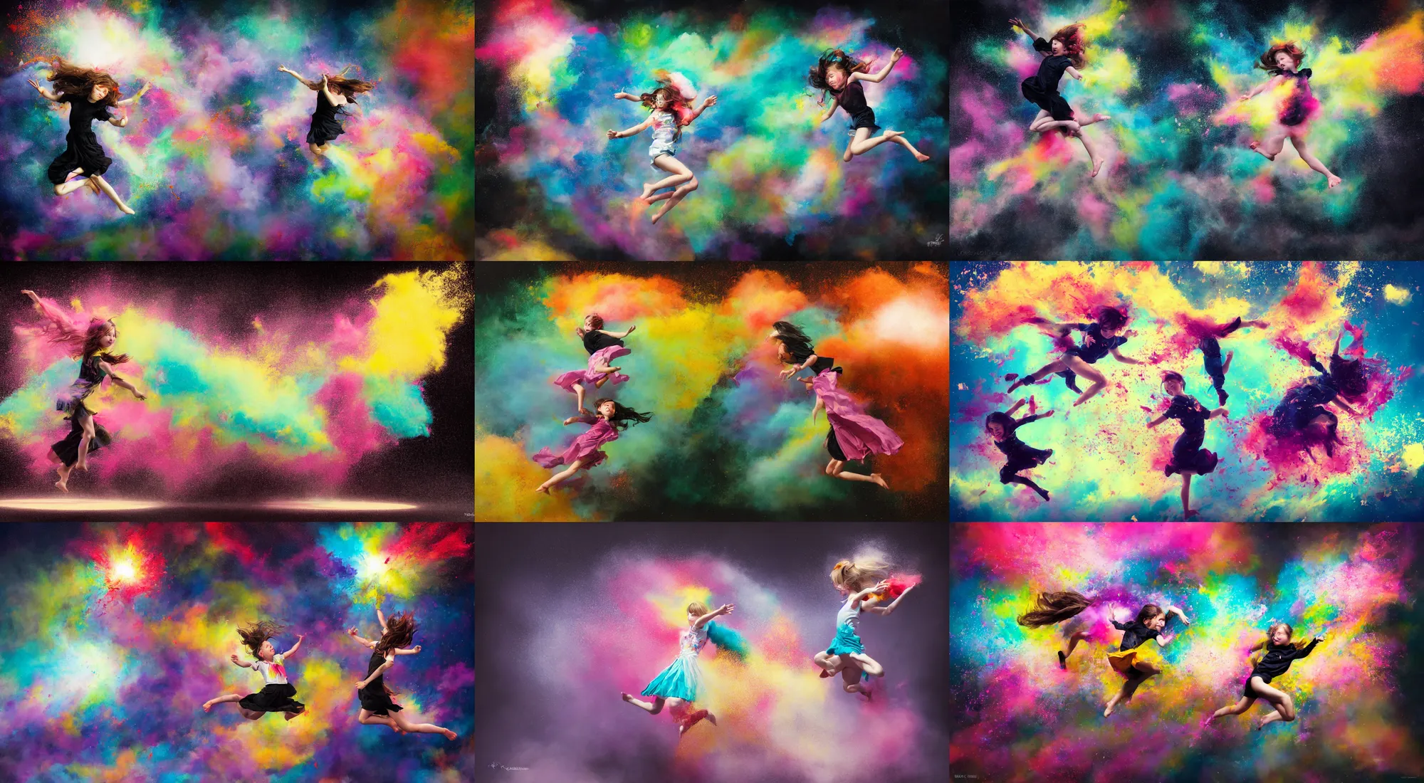Prompt: a girl jumping through a centered explosion of colorful powder on a black background, wlop, steve argyle, ilya kuvshinov, ralph horsley, rossdraw, mark ryden, daniel f. gerhartz, sophie anderson, lilia alvarado, tom chambers