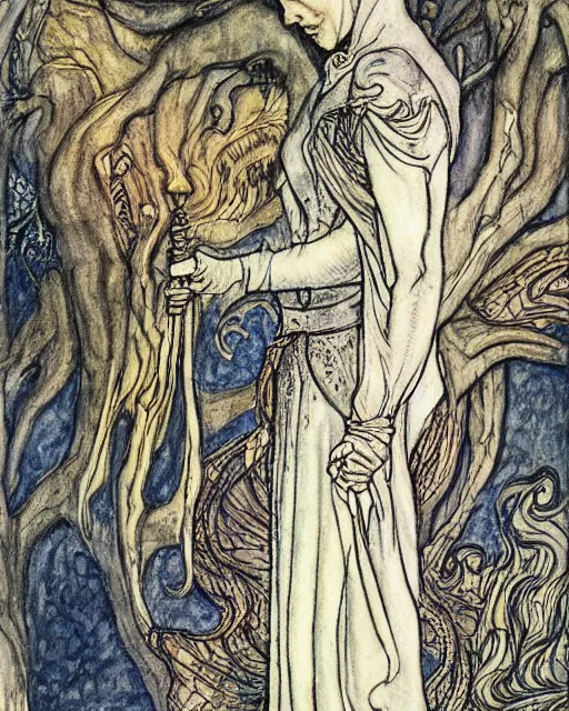 Image similar to tarot card detailed painting, illustration in style of Arthur Rackham