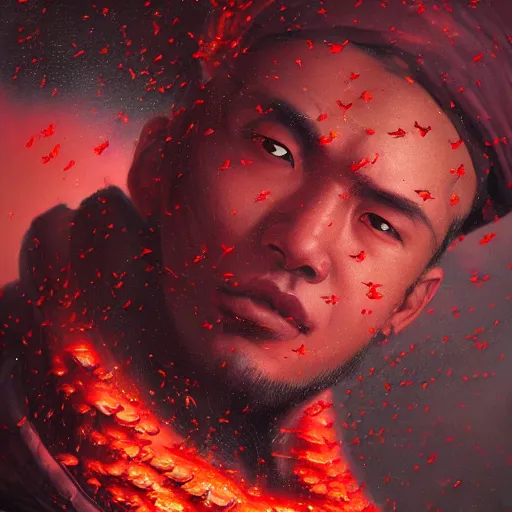 Image similar to Justin Sun covered in crimson-black bee swarm, close up, high quality 8k octane render by Peter Mohrbacher